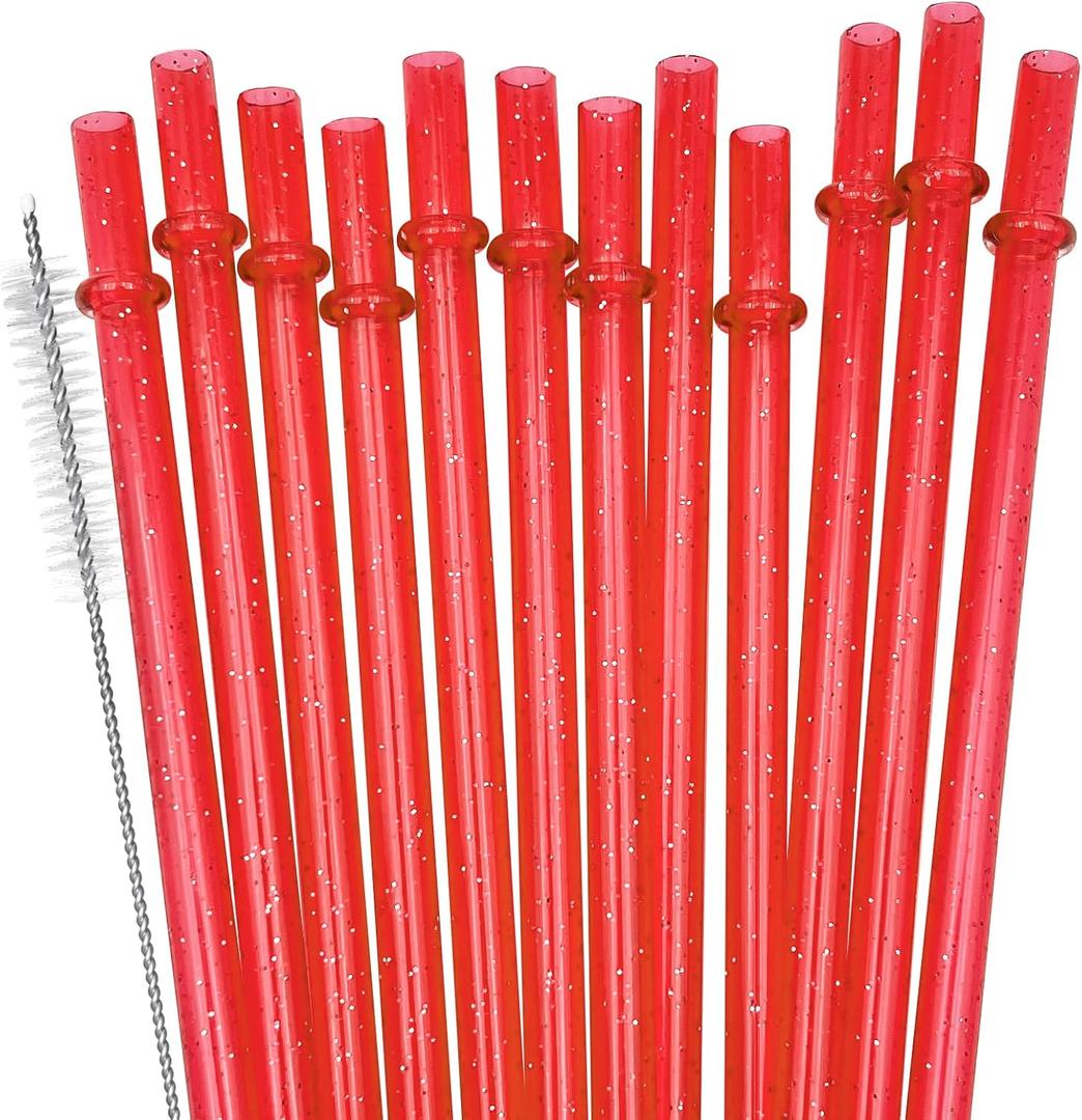 12-Pack Glitter Reusable Plastic Straws, 11" Long Hard Tumbler Drinking Straws with Cleaning Brush, Dishwasher Safe (Red)