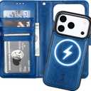 Bocasal for iPhone 17 Pro Wallet Case Compatible with MagSafe Wireless Charging, RFID Blocking Magnetic Leather Case with Card Slots Holder Kickstand Detachable Wrist Strap 6.3 Inch (Blue)