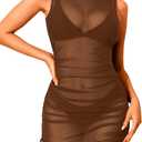 Pinup Fashion Mesh Swimsuit Cover Up Sexy Sheer Swim Coverup Women See Through Dress (Brown, S)