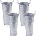 ZOOFOX Set of 4 Galvanized Metal Vases, 9" Farmhouse French Bucket with Handles, Rustic Style Metal Flower Holder for Home and Wedding Table Centerpiece Decor, with Plastic Liner/Insert Included