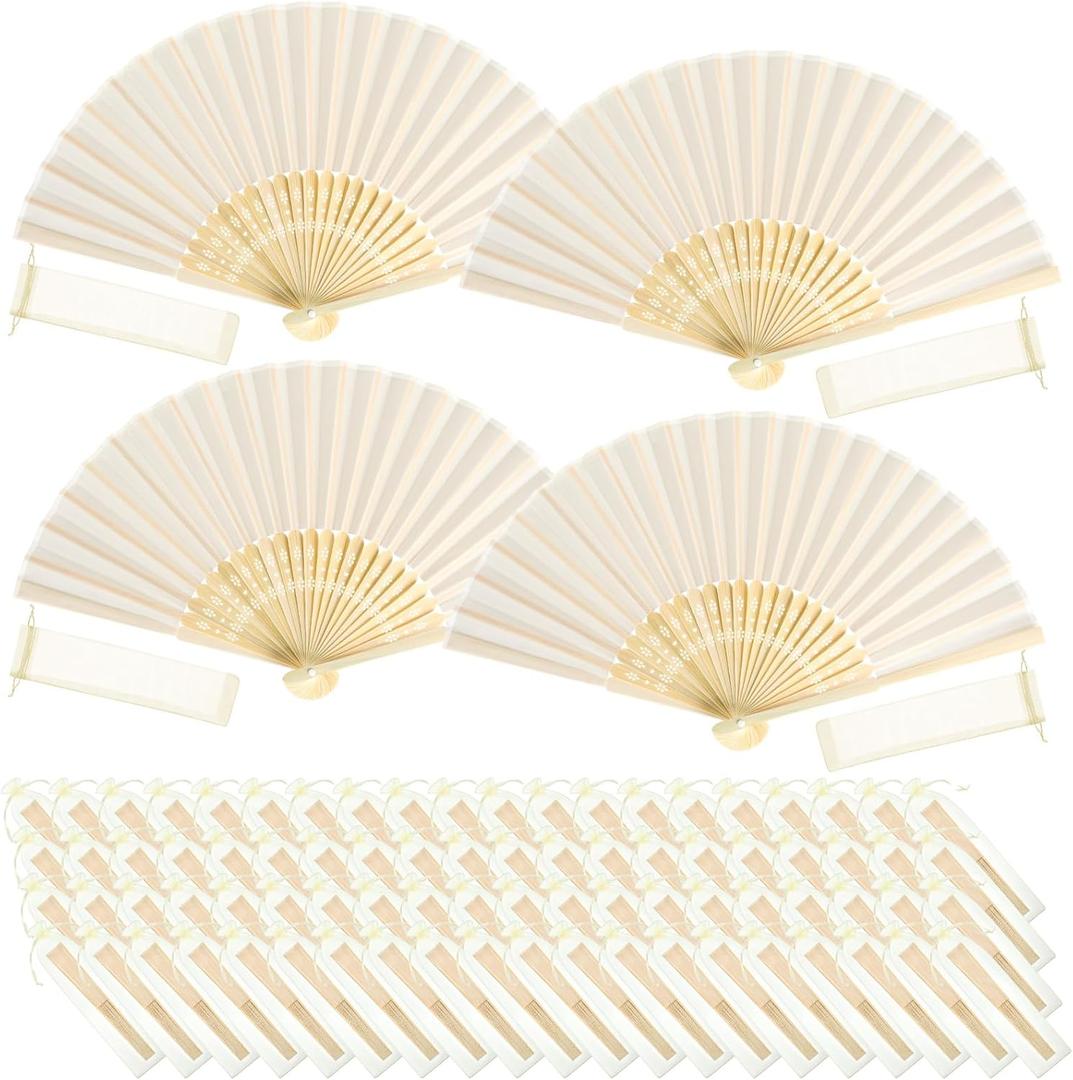 Tatuo 80 Pcs Hand Fans Bamboo Silk Folding Fans Handheld Fans Foldable Fans Makeup Fans Chinese Decorative Folding Fans Cosplay Decorations Men Women Party Festival Performance (Beige)