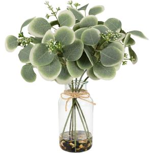 MACTING Artificial Eucalyptus Stems in Glass Vase with Faux Water Stones 14" Artificial Plants Indoor Eucalyptus Leaves for Table Centerpieces Bathroom Kitchen Home Spring Decorations(Gradient Green)
