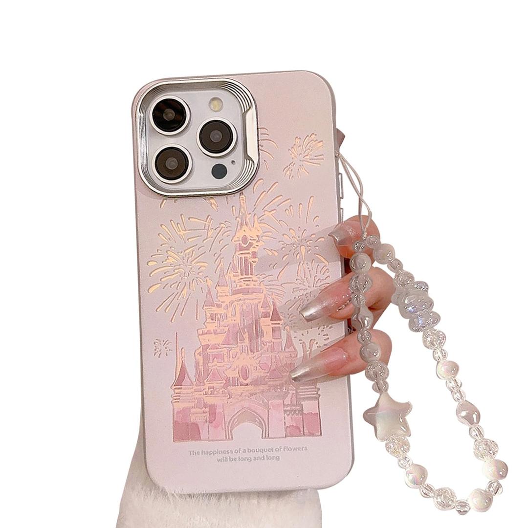 for iPhone 16 Case, Deluxe Fashion Pink Case with Laser 3D Fireworks Castle Design, Premium Case with Bracelet - PC+TPU Shockproof and Drop Resistant for Women and Girls