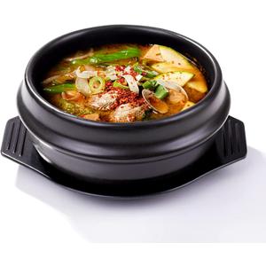 Korean Stone Bowl with Tray - Premium Ceramic Stone Hot Pot for Bibimbap Soup, Stews, and Rice - 37.1 oz Capacity - Dishwasher, Microwave, Oven, and Stovetop Safe (dh)