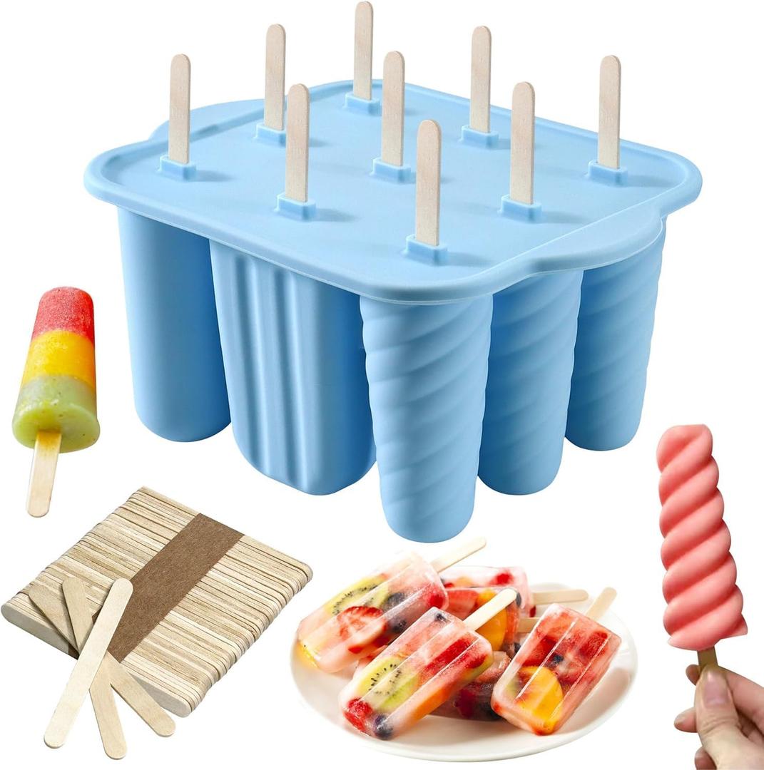 9 Cavity Popsicles Molds with 50pcs Wooden Sticks, Silicone Popsicle Mold, BPA Free Popsicle Maker Molds, Reusable Homemade Ice Pop Mold, Easy-Release Ice Cream Mold for Kids Adult DIY Ice PopsBlue