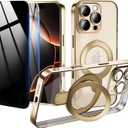 Privacy Case for iPhone 16 Pro Max with Magnetic Stand 1 HD & 1 Privacy Screen Protector, Full Camera Lens Protector Fits for MagSafe Shockproof Not Yellowing Luxury Plating Edge Clear Kickstand Case (Gold)
