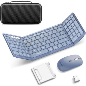 Foldable Keyboard and Mouse, Samsers Folding Bluetooth Keyboard Combo, 2.4G + BT5.0 x 2, Full-Size Portable Travel Keyboard & Rechargeable Wireless Mouse for Windows Android iOS Mac OS, Young Blue