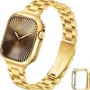 Slim Metal Band for Apple Watch Bands for Women 41mm 40mm 38mm Gold iWatch Bands with Protective Case, Stainless Steel Thin Dressy Fancy Strap for Apple Watch Band Series 9 8 SE 7 6 5 4 3-Gold