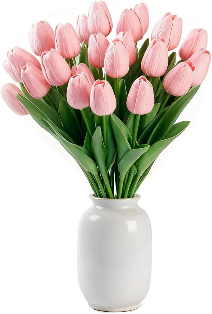 Pink Faux Tulips Real Touch (20 Pcs) - 13.5 Inch Premium PU Artificial Flowers for Mother's Day, Spring & Easter Home Decor, Wedding Bouquet