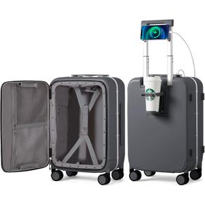 mixi Carry On Luggage with Cup Phone Holder and Charger Hard Shell Suitcases with Spinner Wheels,20 Inch Rock Gray