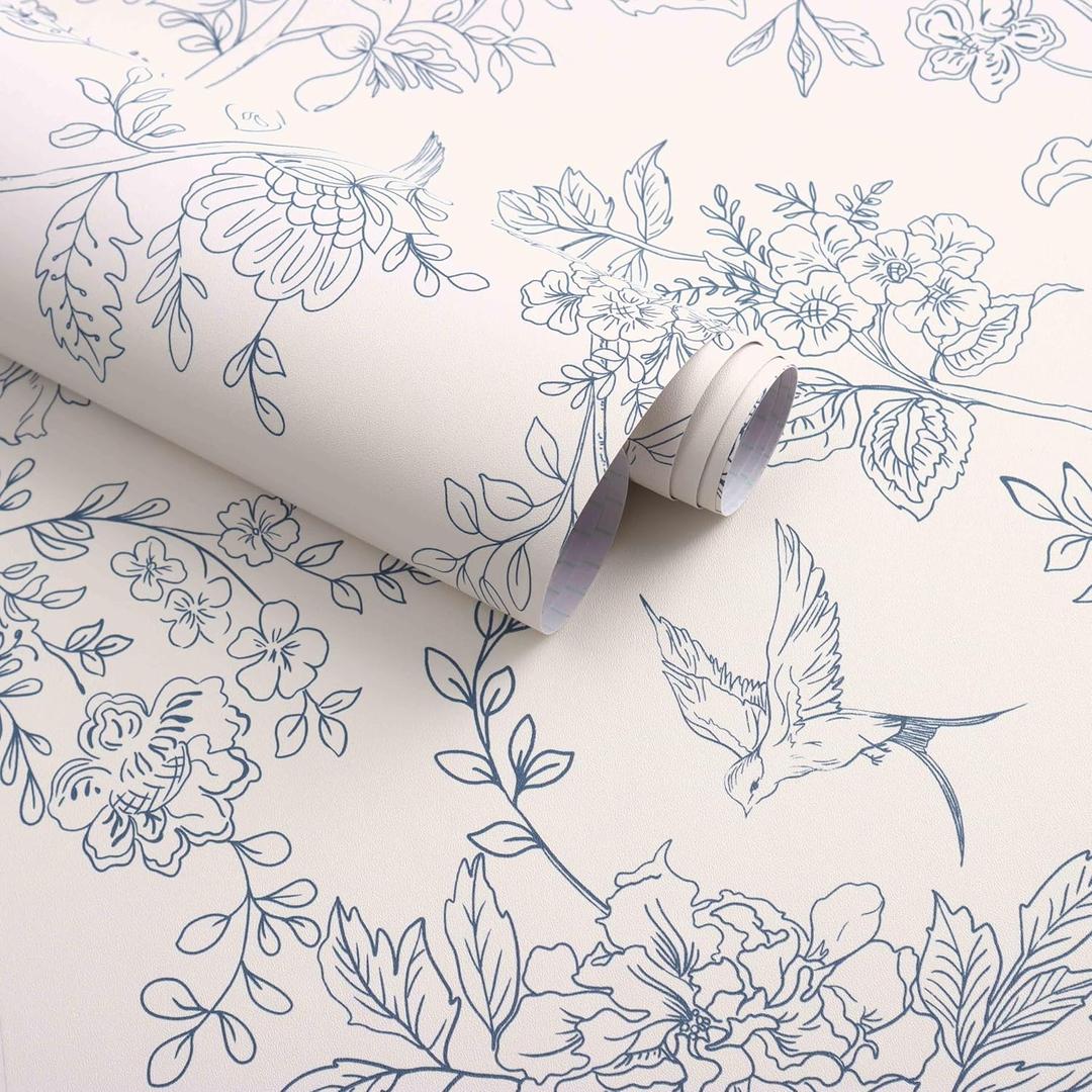 Froluya Cream White and Blue Floral Wallpaper Peel and Stick Wallpaper 17.7"x393.7" Vintage Floral Peel and Stick Wall Paper Removable Boho Self Adhesive Contact Paper for Bedroom Bathroom Vinyl