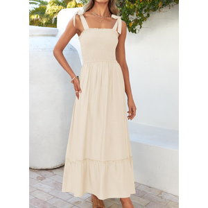 ZESICA Women's 2025 Summer Boho Spaghetti Strap Square Neck Solid Color Ruffle A Line Beach Long Maxi Dress size L, Apricot