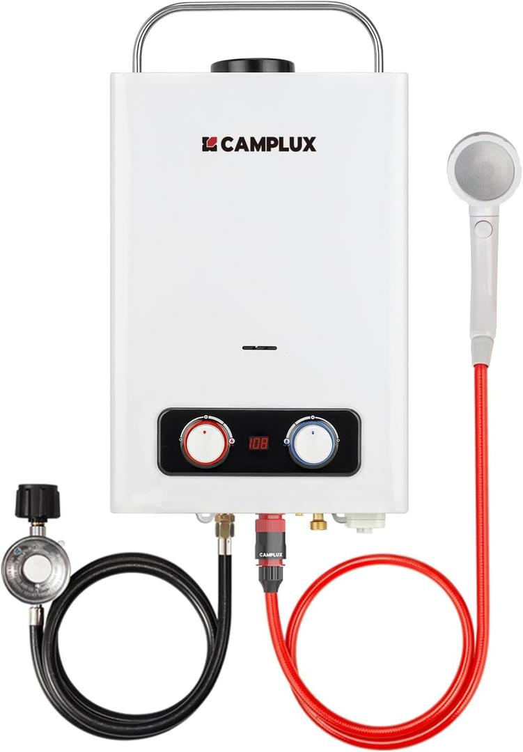 Tankless Water Heater, Camplux 1.58GPM Outdoor Propane Gas Water Heater with Portable Handle, White, 6L