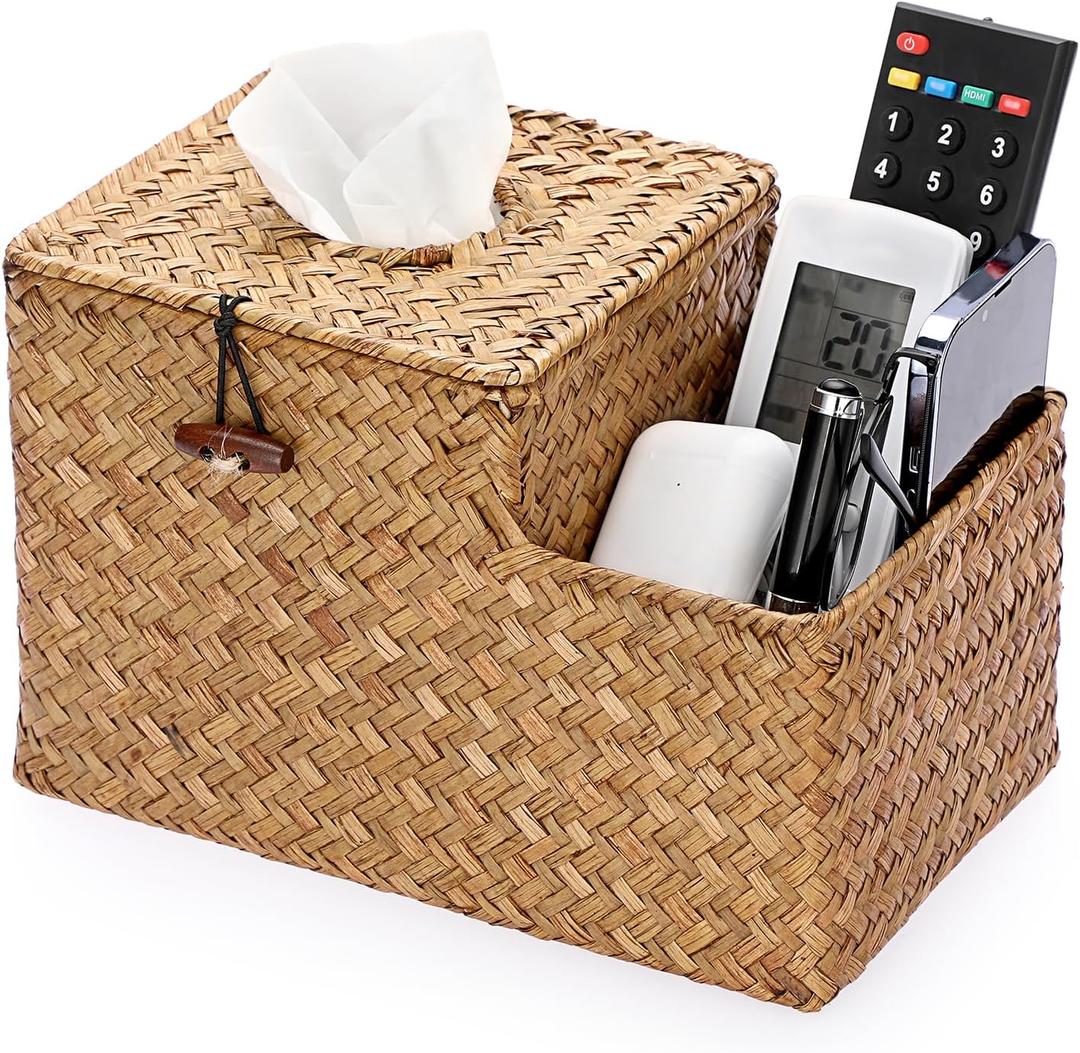 Sumnacon Square Woven Tissue Box Cover - Decorative Cube Tissue Box with Side Organizer, Rustic Seagrass Tissue Holder for Living Room Vanity Night Stand Table Countertop Office,Caramel