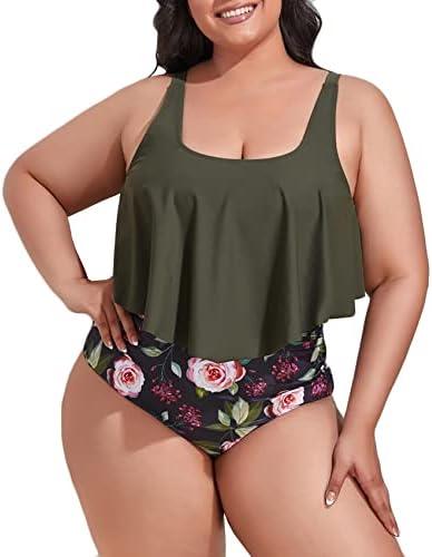 Mooncore Women's Plus Size Swimsuit High Waisted Tankini Bathing Suits Two Piece Flounce Bikini Swimsuit, 2XL