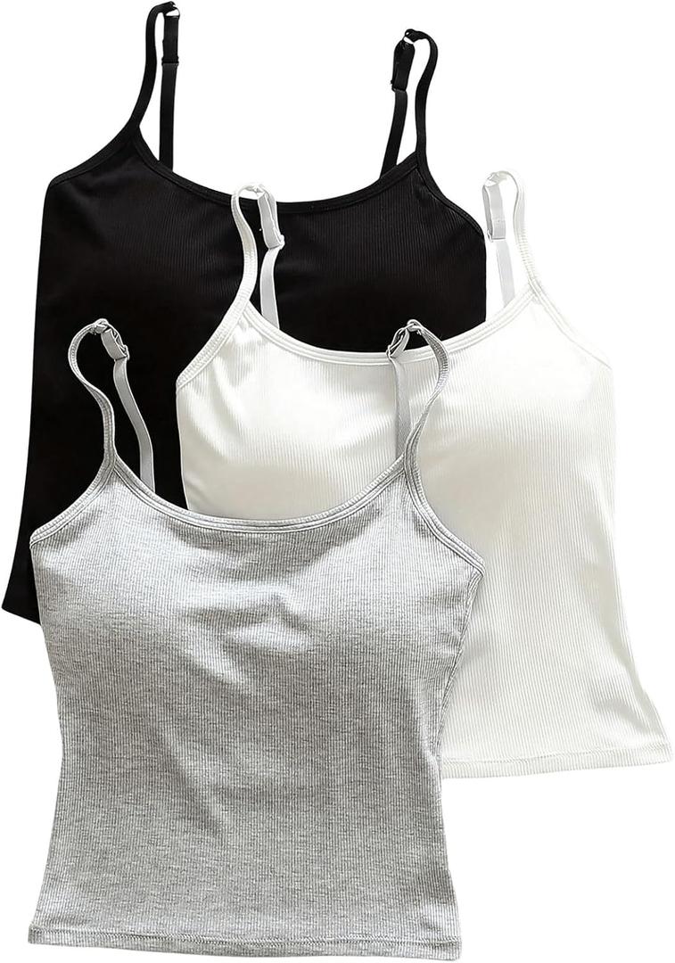 WDIRARA Women's 3 Pack Cami Crop Top Built in Bra Spaghetti Strap Camisole Tops (M)