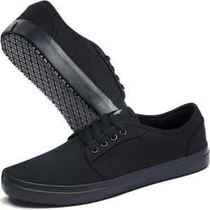 Non-Slip Work Shoes, Unisex Water-Resistant Food Service Sneakers for Restaurant Server, Comfortable Black Casual Water & Oil Slip-Resistant Culinary Chef Kitchen Cook Shoes for Men & Women (12.5 Women/11 Men)