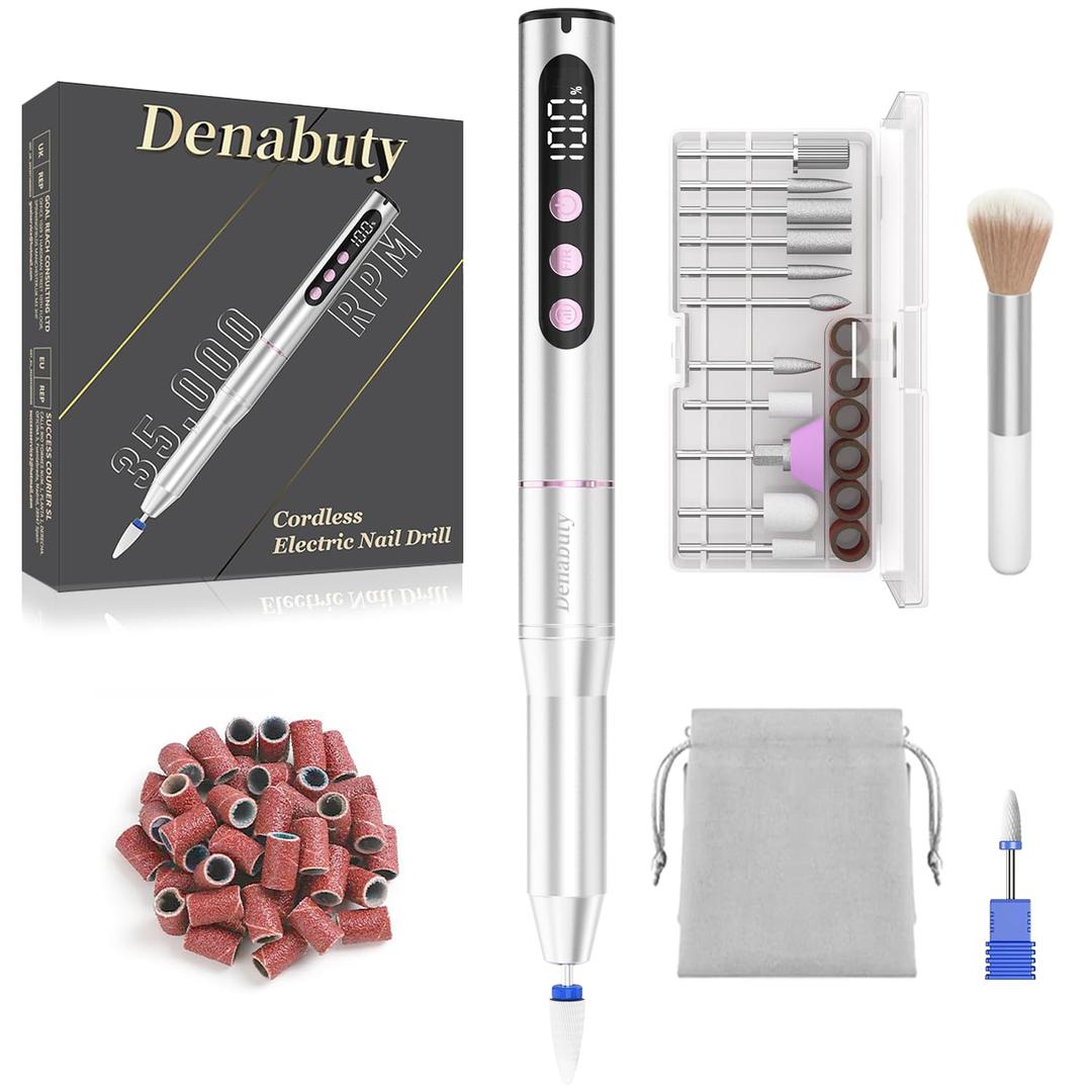 Electric Nail Drill Cordless, 35000RPM Portable Electric Nail File with LCD Display and 12 Nail Drill Bits for Acrylic & Gel Nails, Professional Manicure & Pedicure Kit Set Silver