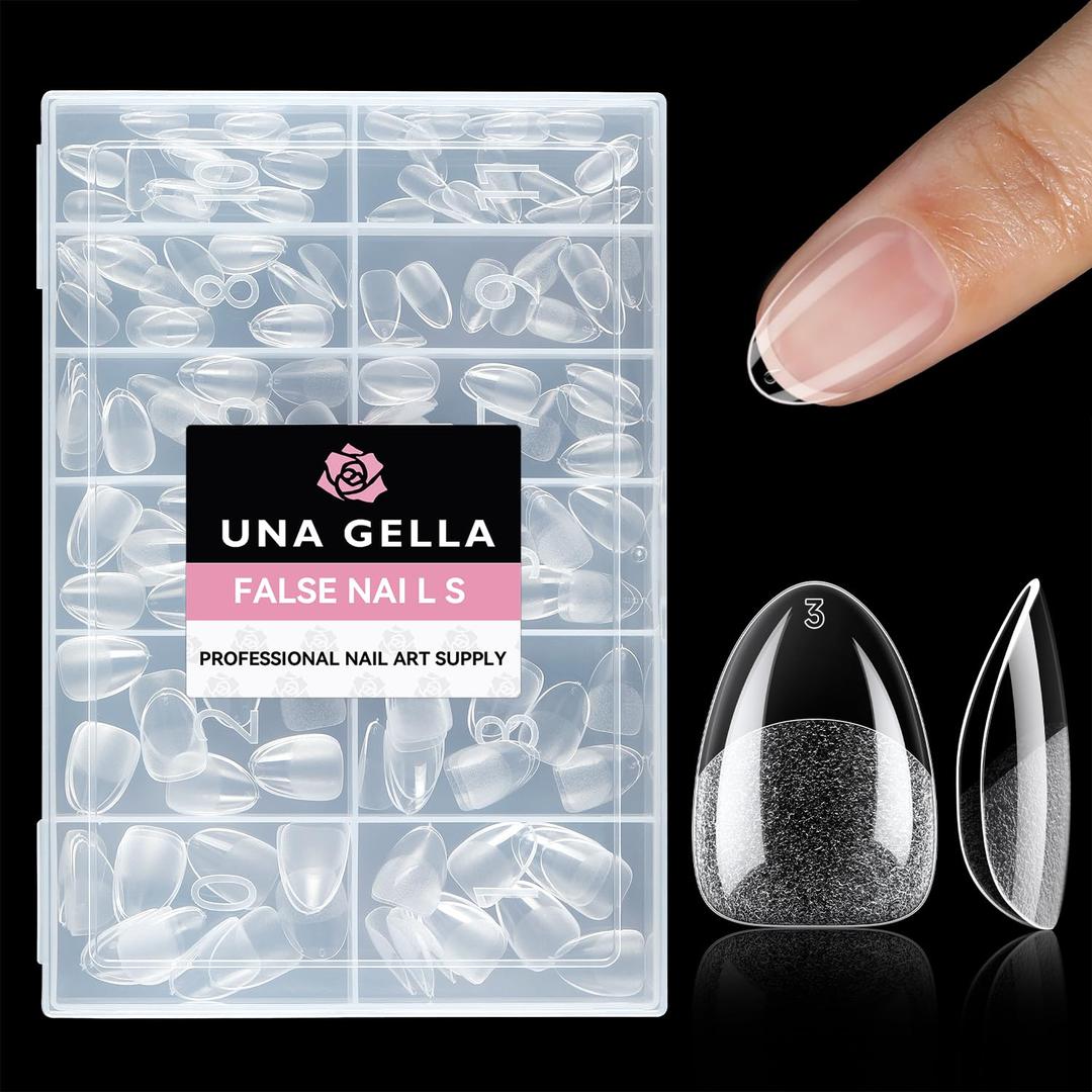 UNA GELLA Extra Short Almond Nail Tips Full Cover 216PCS Gel Nail Tips Short Almond Shaped Nails Tips Soft Gelly Gel Clear Fake Nails Tip for Acrylic Nail Tip Soak Off Home DIY Salon Nails 12 Sizes