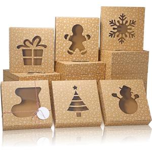 COTOPHER 18Pcs Christmas Cookie Boxes with Window, 10x10x2.5 inch Brown Bakery Boxes for Gift Giving, Snow Pattern Treat Boxes Holiday Pastries Boxes for Cakes Muffins Donuts Chocolate Strawberries