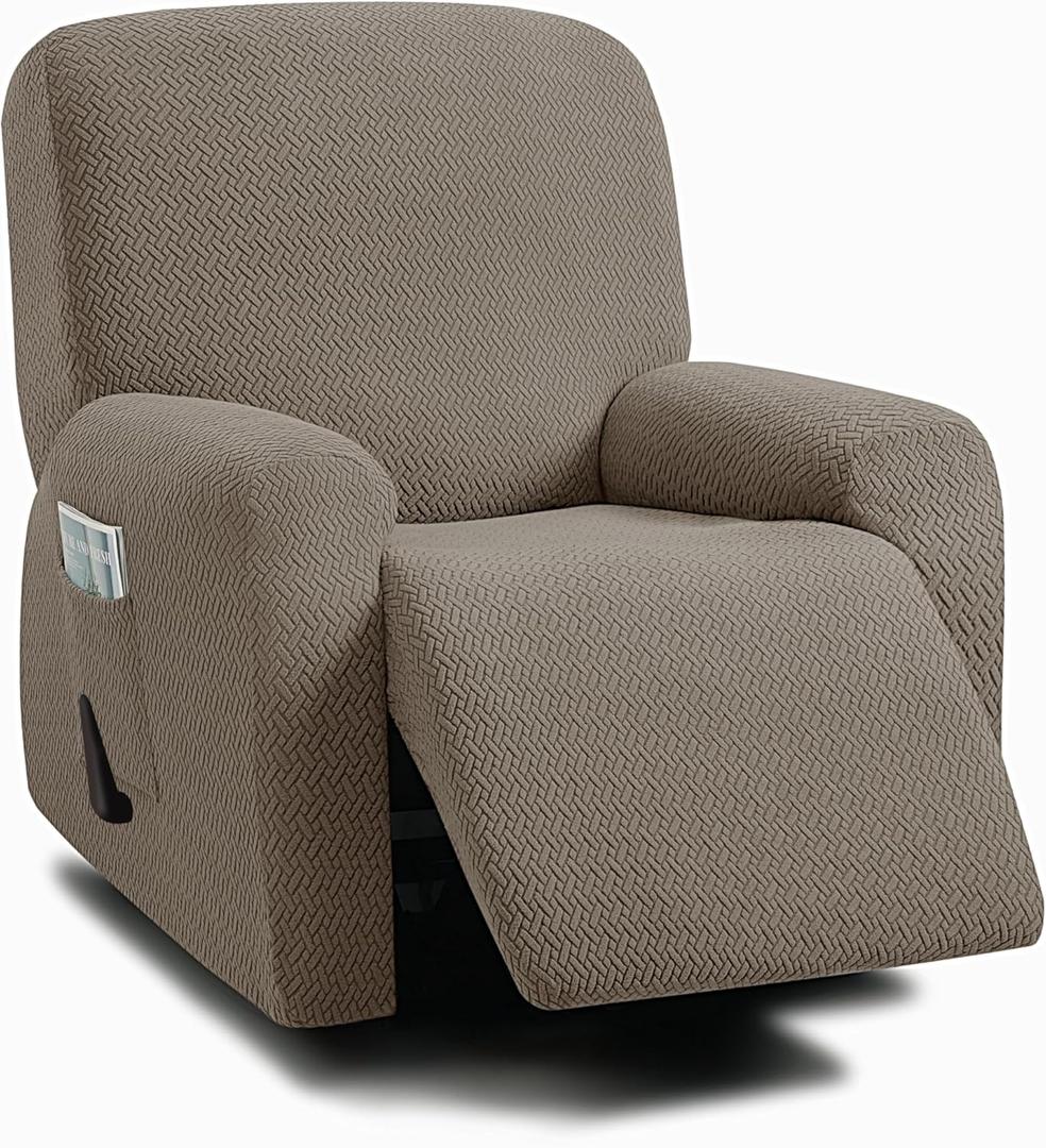 ULTICOR 4-Piece, 1 Seat Recliner Cover, Jacquared Stretch Reclining Chair Covers for 1 Cushion Reclining Sofa, Single Seat Recliner Couch Cover, Soft, Machine Washable (Style 3) (Taupe)