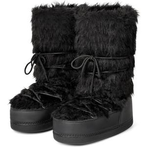 IXU Women's Fuzzy Snow Boots Winter Mid Calf Faux Fur Boots Lace-up Warm Winter Boot (5, Black)