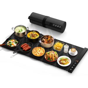 Warming Mat for Food - Full Surface Rapid Heating, Rollable & Portable Food Warmer Mat with 6 Temperature Settings and 1-4 hours adjustable Timer, Silicone Heating Mat (Black, 36x16 inch)