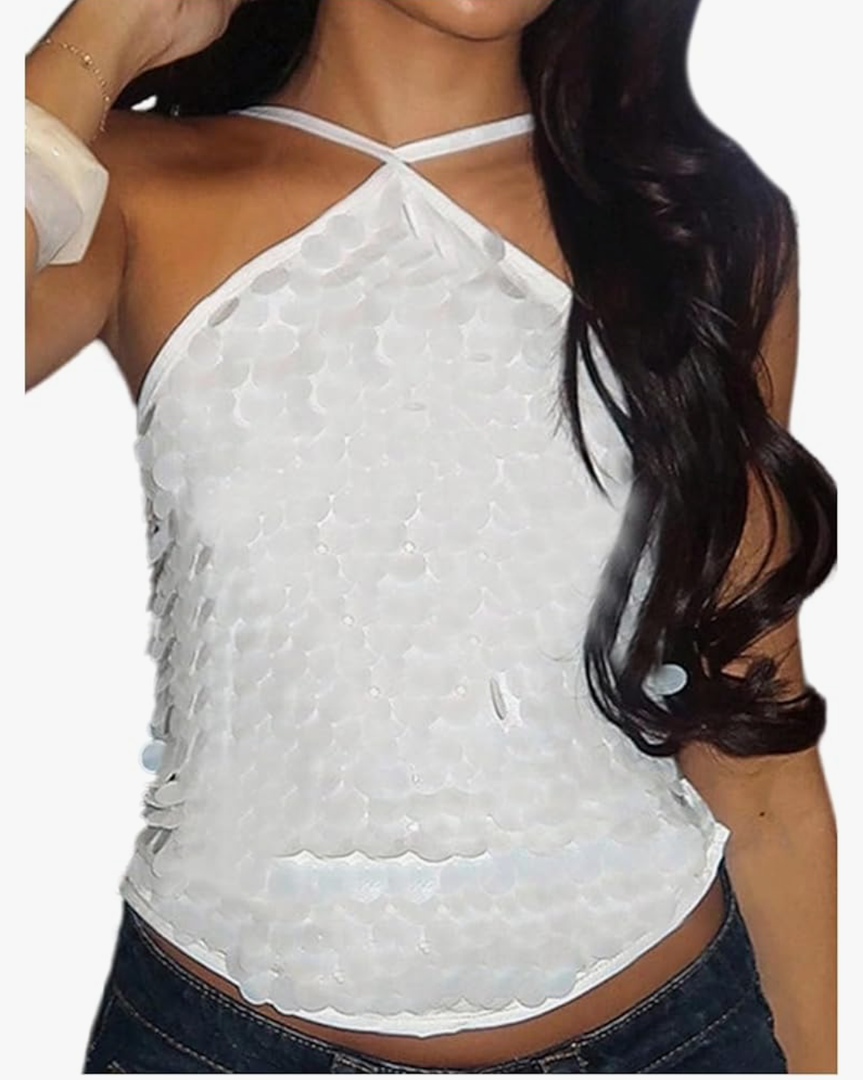 Women's Sequin Halter Crop Tops Sparkly Lace Up Backless Party Night Out Tank, L