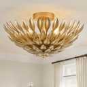 Gold Semi Flush Mount Ceiling Light Vintage Metal Brass Ceiling Light Fixtures Mid Century Modern Light Fixture Chandelier with Handmade Leaf,Flower Ceiling Lighting for Bedroom,Hallway,Foyer,Entryway