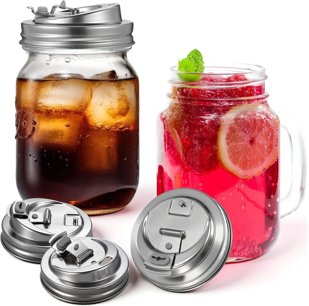 Baderke 4 Pcs Stainless Steel Mason Jar Drinking Lids for Wide Mouth Mason Jars, Rust Proof Leak Proof Seal Cover fit Home Tea, Milk, Juice Drinks Airtight Turns your Container into Pitcher (3.39 Inch)