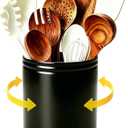 Utensil Crock for Kitchen Counter, 360° Rotating Large Kitchen Utensil Holder, 6.6" Ceramic Black Kitchen Utensil Holder, Spatula Holder with Cork Bottom