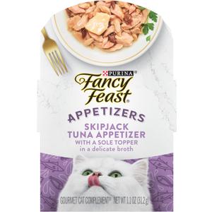 Purina Fancy Feast Appetizers Lickable Grain Free Wet Cat Food Topper Skipjack Tuna Appetizer with Sole - (Pack of 10) 1.1 Oz. Trays, BB Date 07/2027