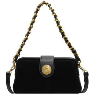 Retro Suede Mini Purse with Gold Chain Handles for Women Shoulder Purses with Crossbody Strap Small Square (Black)