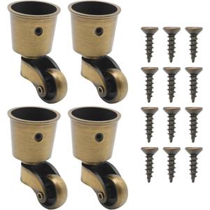 Anxingo 4 PCS Antique Brass Caster Cups, 2.6 x 1.5 Inch Cast Zinc Alloy Wheels, 360 Degree Swivel Pulleys, Suitable for Classical Furniture, Piano Legs, Coffee Tables, Bookshelves
