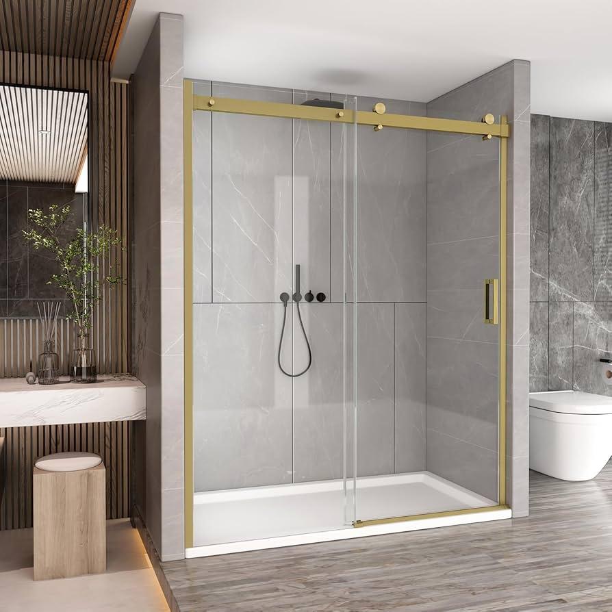 Sunrosa Semi-Frameless Glass Shower Door, 60" W x 76" H Single Sliding Shower Door, Shower Door with Tempered Glass 5/16"(8mm), Brushed Gold