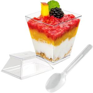 50 Pack 2 oz Square Clear Plastic Dessert Cups with Lids and Spoons, Parfait Cups, Appetizers, Puddings, Mousse Parfait Ice Cream (50, 2 oz) (Small)