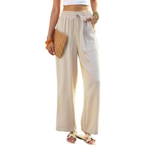 Womens Linen Wide Leg Pants Khaki, Beach Cover Up Palazzo Pant with Pocket, Summer Casual Pant for Travel Teacher (XL)