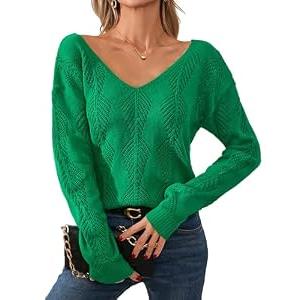 Libsorge Womens V Neck Cardigan Sweaters for Women Leaf Crochet Reversible Sweaters Fall 2025 Sexy Cropped Lightweight Hollow Out Knit Off The Shoulder Long Sleeve Button Pollover Tops Green S