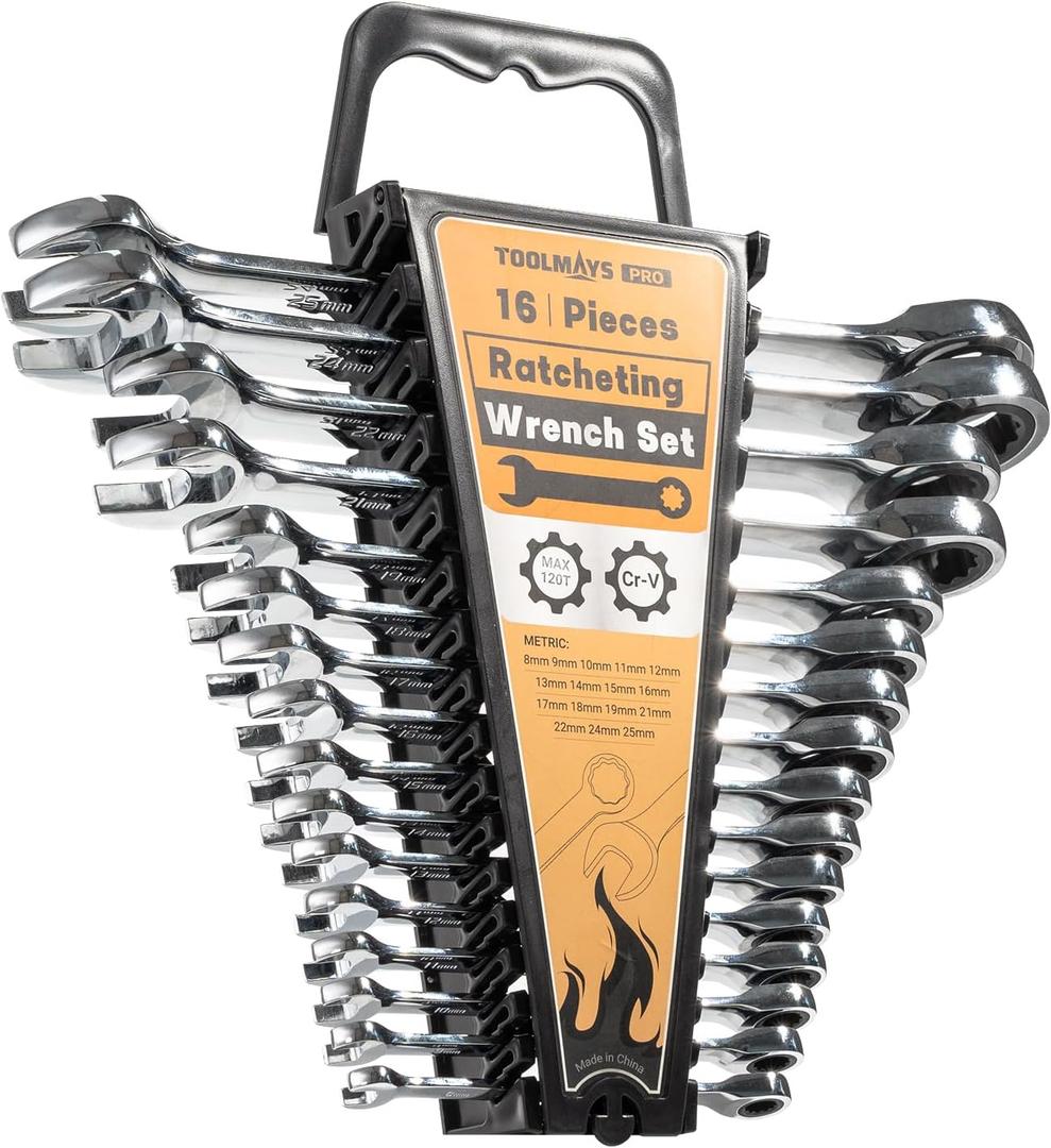 6-Piece Ratcheting Wrench Set, Combination Wrench Set, Gearwrench Set with Organizer, MM/Metric Max 120-tooth Chromium Vanadium Combination Wrench