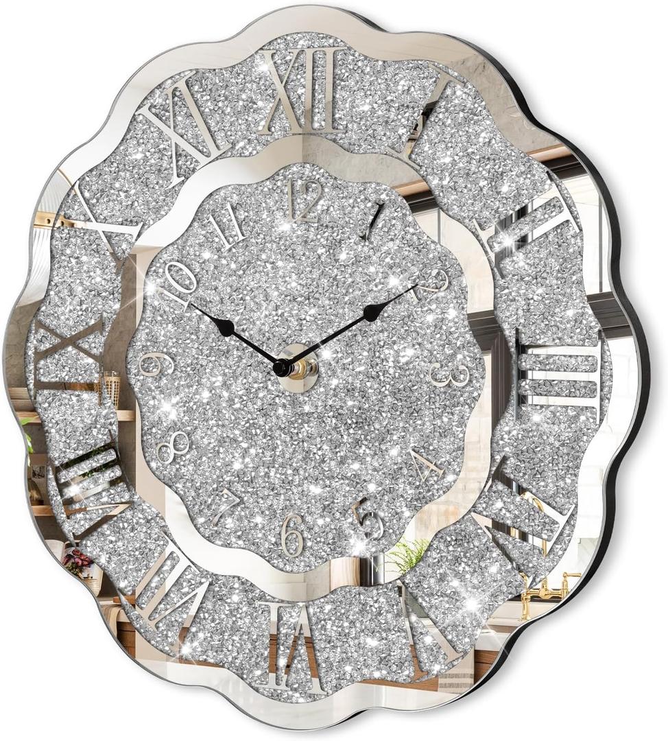 Crushed Diamond Mirrored Wall Clock Silver Modern Crystal Clocks for Bedroom Unique Home Decorative Glass Mirror Hanging Clock for Living Room Office Dining Decor