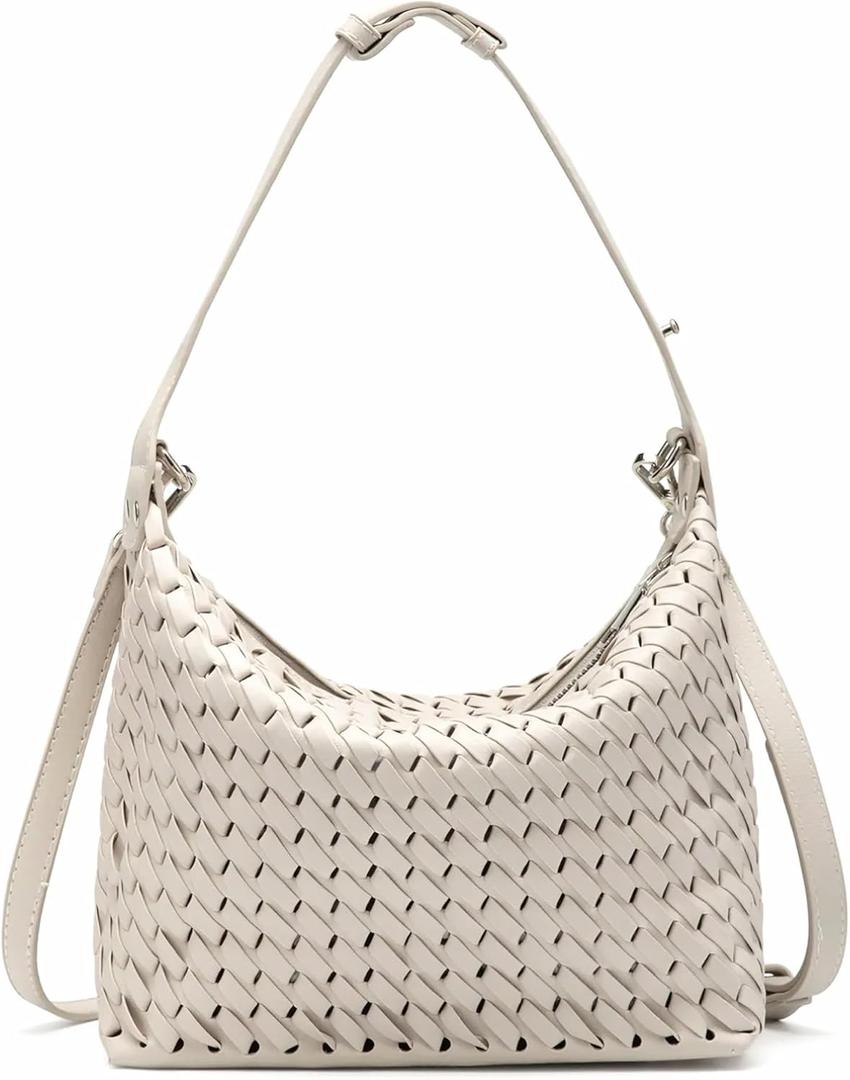 NEWBELLA Woven Purse for Women, Top-handle Shoulder Bag with Zipper, Summer Fashion (Cream, Small)