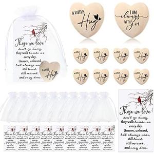Fumete 50 Sets Funeral Favors for Guests Bulk Pocket Hug Wooden Heart Token with Red Cardinal Greeting Cards and Organza Bags Memorial Day Gifts for Church Family Celebrations of Life Favors
