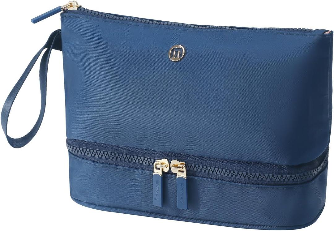 Travel Makeup Bag Double Layer Cosmetic Pouch with Brush Organizer, Large Opening Design, Essential for Business Trips(Navy blue)