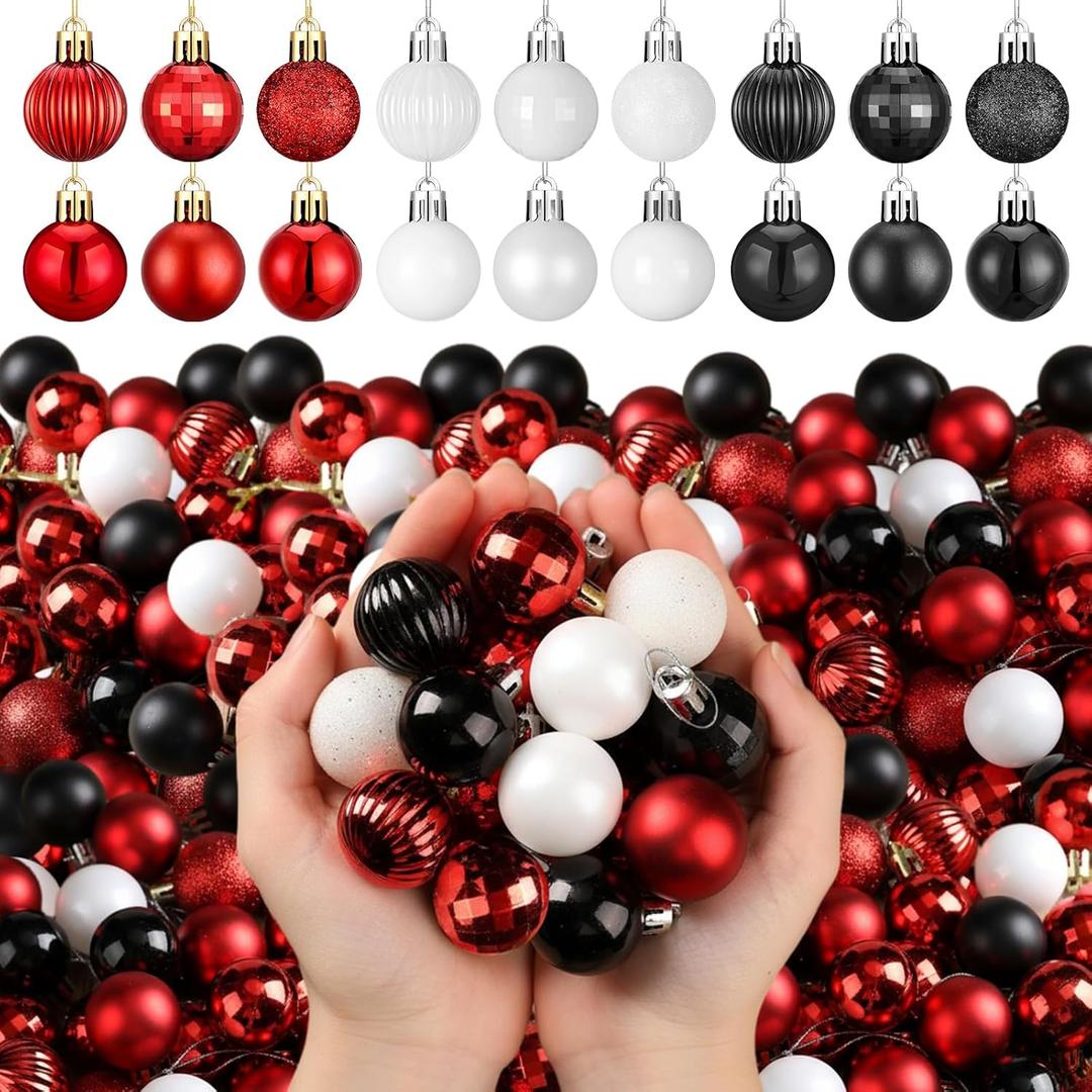 Shappy 216 Pcs Mini Christmas Ball Ornament 1.18 Inch Small Christmas Tree Decorations 6 Styles Shatterproof Xmas Ball with Hanging Loop for Holiday Party Wreath Xmas Tree(Black, White, Red)