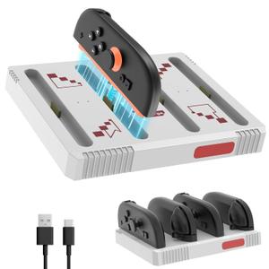 Retro Style Charger for Nintendo Switch 2 Joy-Con Controllers - 4 in 1 Charger Station with LED Indicators, Overcharge Protection (Red/White Edition)