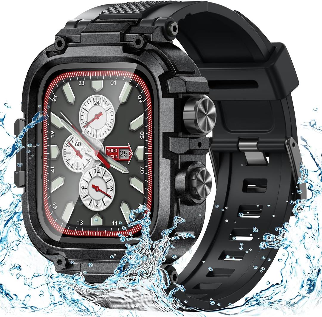 Goton IP68 Waterproof Rugged Band for Apple Watch 46mm/45mm/44mm with Case build-in Screen Protector Heavy Duty Sport Strap Compatible with iWatch Series 11/10/9/8/7/6/5/4/SE