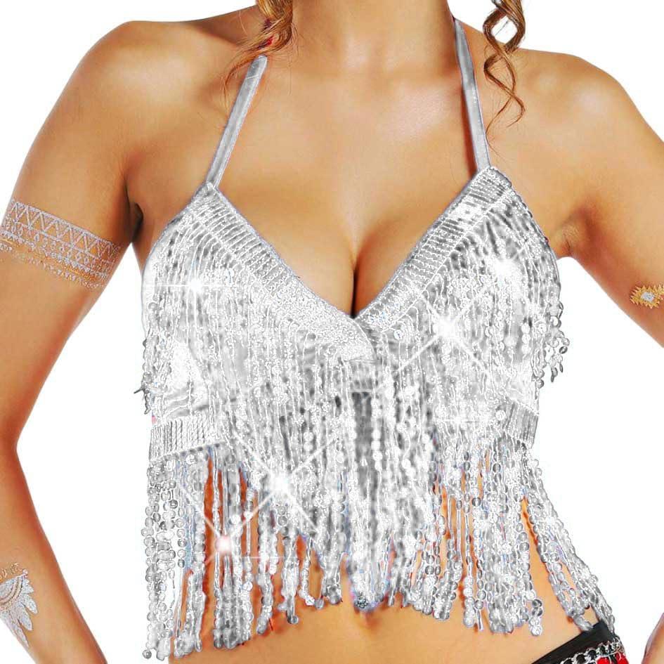 Nicute Silver Sequin Top Fringe Bra Top Sparkly Belly Dance Tops for Women