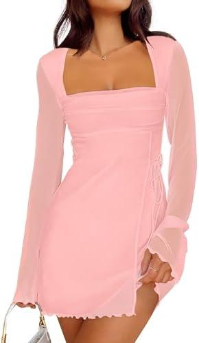 Caracilia Womens Sexy Mesh Ruched Mini Dresses Long Sleeve Square Neck Tie Fall Club Party Cocktail Short Dress 2026 Fashion Size M