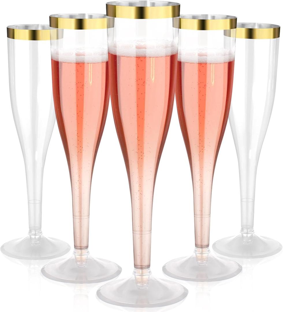 Goodluck 36 Pack 6.5 oz Plastic Clear Champagne Flutes with Gold Rim, Disposable Champagne Toasting Glasses for Wedding, Engagement, Party, Mimosa Bar