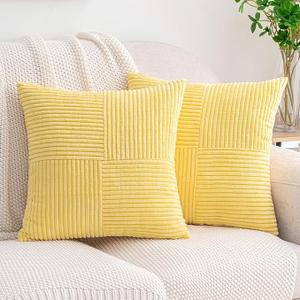 HWY 50 Orange Corduroy Patchwork Throw Pillow Covers 18x18 Inch, Set of 2, Soft Cozy Textured Decorative Cushion Cases for Couch Sofa Bed Living Room, Boho Striped Home Decor